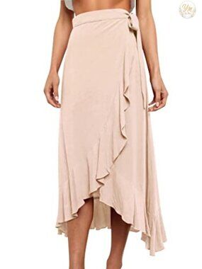 High Waisted Wrap Skirt Ruffle Asymmetrical Midi Boho Flowy Beach Dance